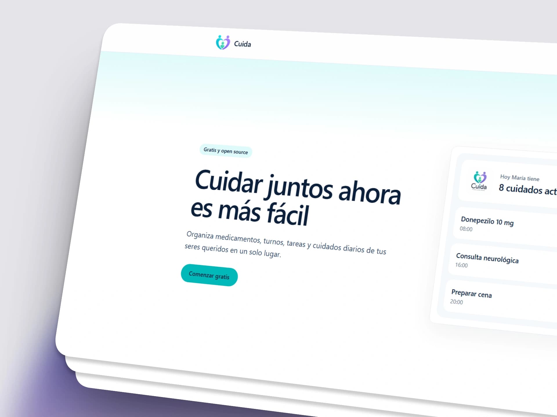 Interfaz de Cuida para coordinar el cuidado familiar de adultos mayores y personas con enfermedades que requieren acompañamiento.