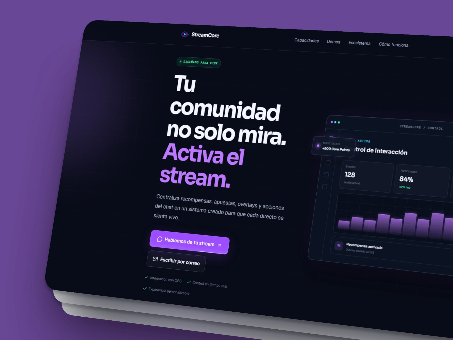 Interfaz de StreamCore con paneles de interacción, recompensas y control para streams.